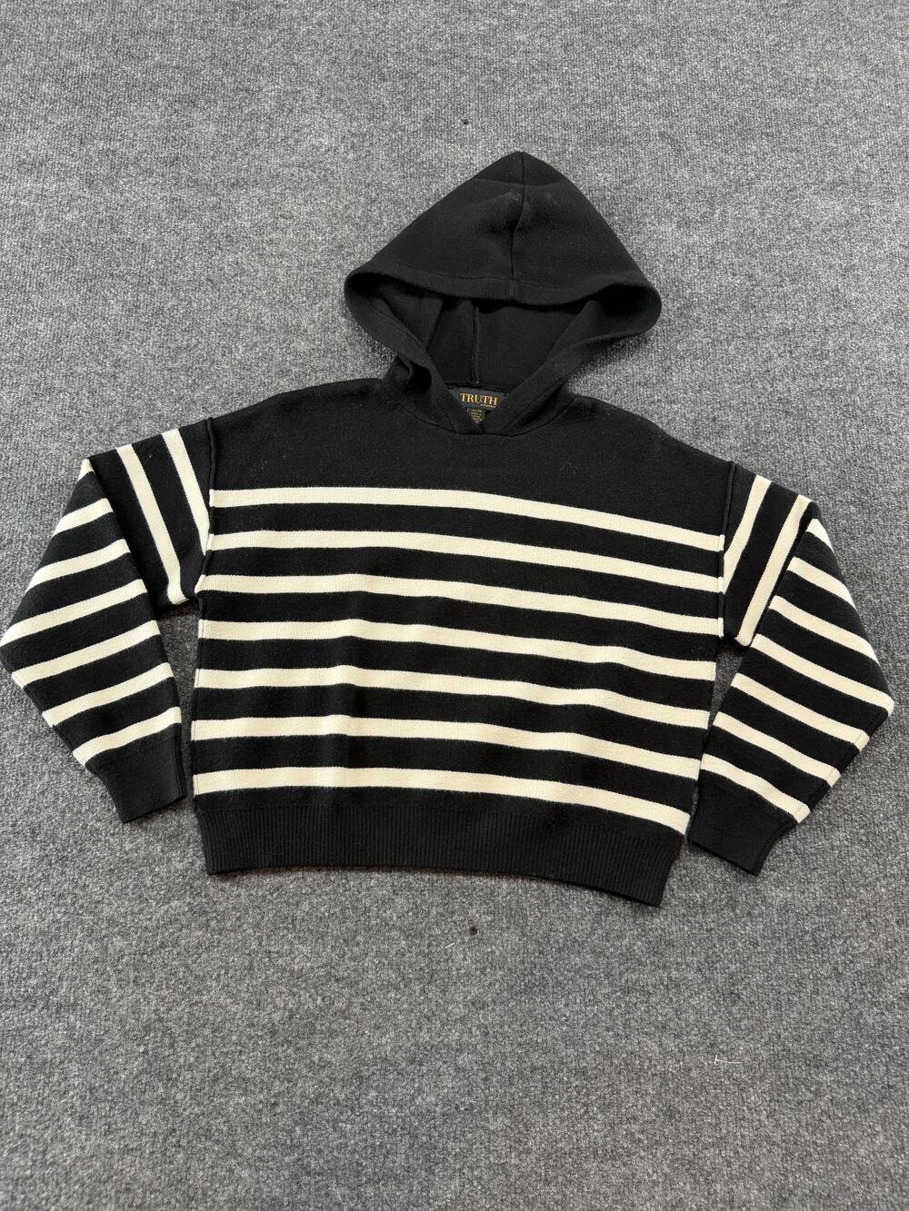 Truth Sweater Womens XS Black Striped Hooded Crew Neck Long Sleeve Pullover Knit